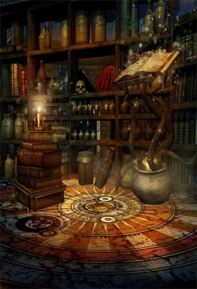 AOFOTO 5x7ft Vintage Magic Room Background Witch Magical Potion Skull Photography Backdrop Medieval Wizard Candle Bookshelf Retro Books Halloween Photo Studio Props Wallpaper Boy Girl Child Portrait - Image 1